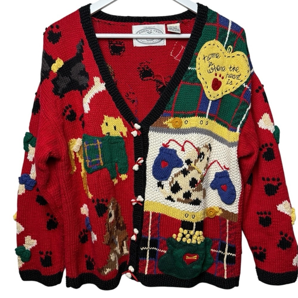 Vintage 90s Eagle’s Eye Patchwork Dog Embroidered Cardigan Sweater SZ L/XL Bones